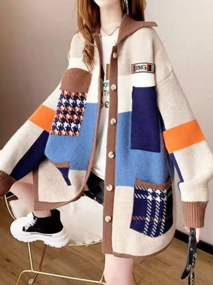 Cárdigan holgado de punto con bloques de color estilo coreano para mujer