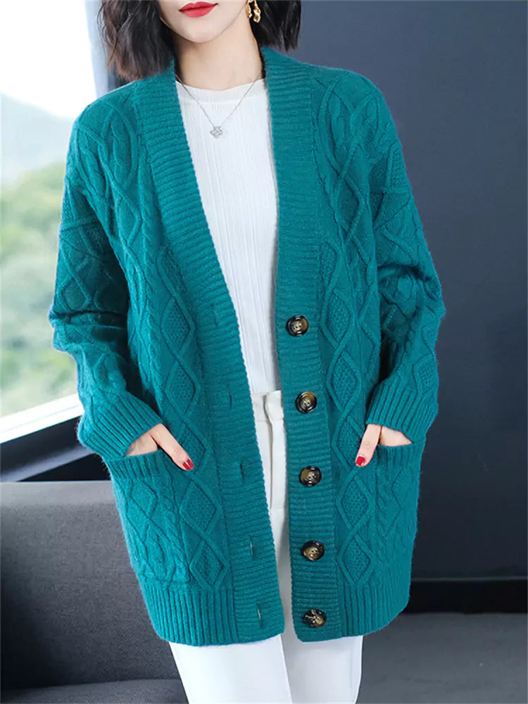 Blauer, grob gestrickter Cardigan für Damen