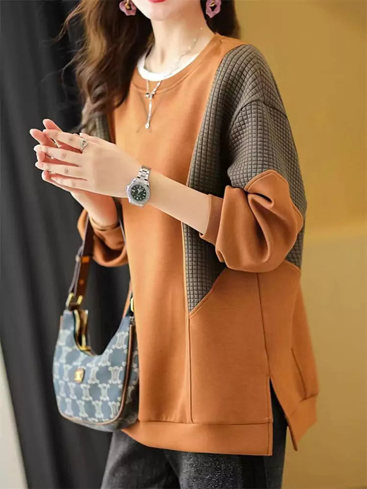 Korean Style Plus Size Color Block Plaid Split Sweatshirt for Women