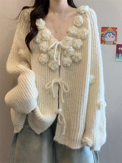 Cárdigan de punto con cuello en V y estampado floral 3D rosa para mujer