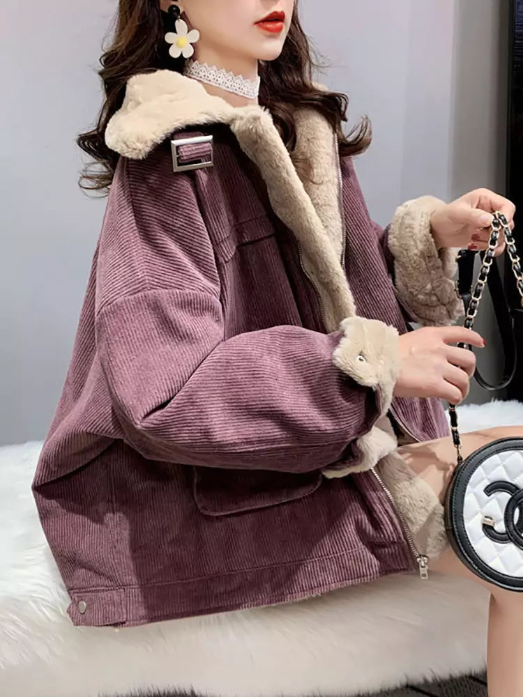 Faux Shearling Corduroy Work Jacket for Women