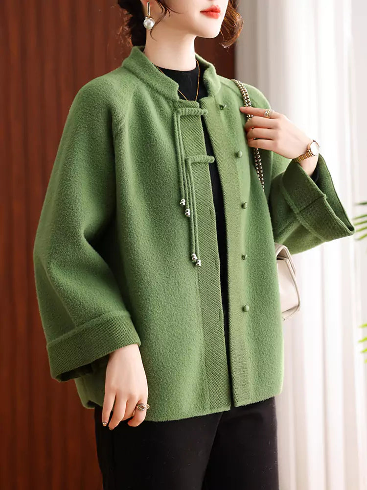 Grüner Stehkragenmantel mit Mandarin-Knopfleiste für Damen