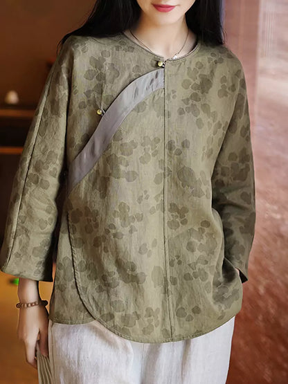 Gelbes Damenhemd im neuen chinesischen Stil aus Leinen mit Kreuzkragen und Froschknöpfen