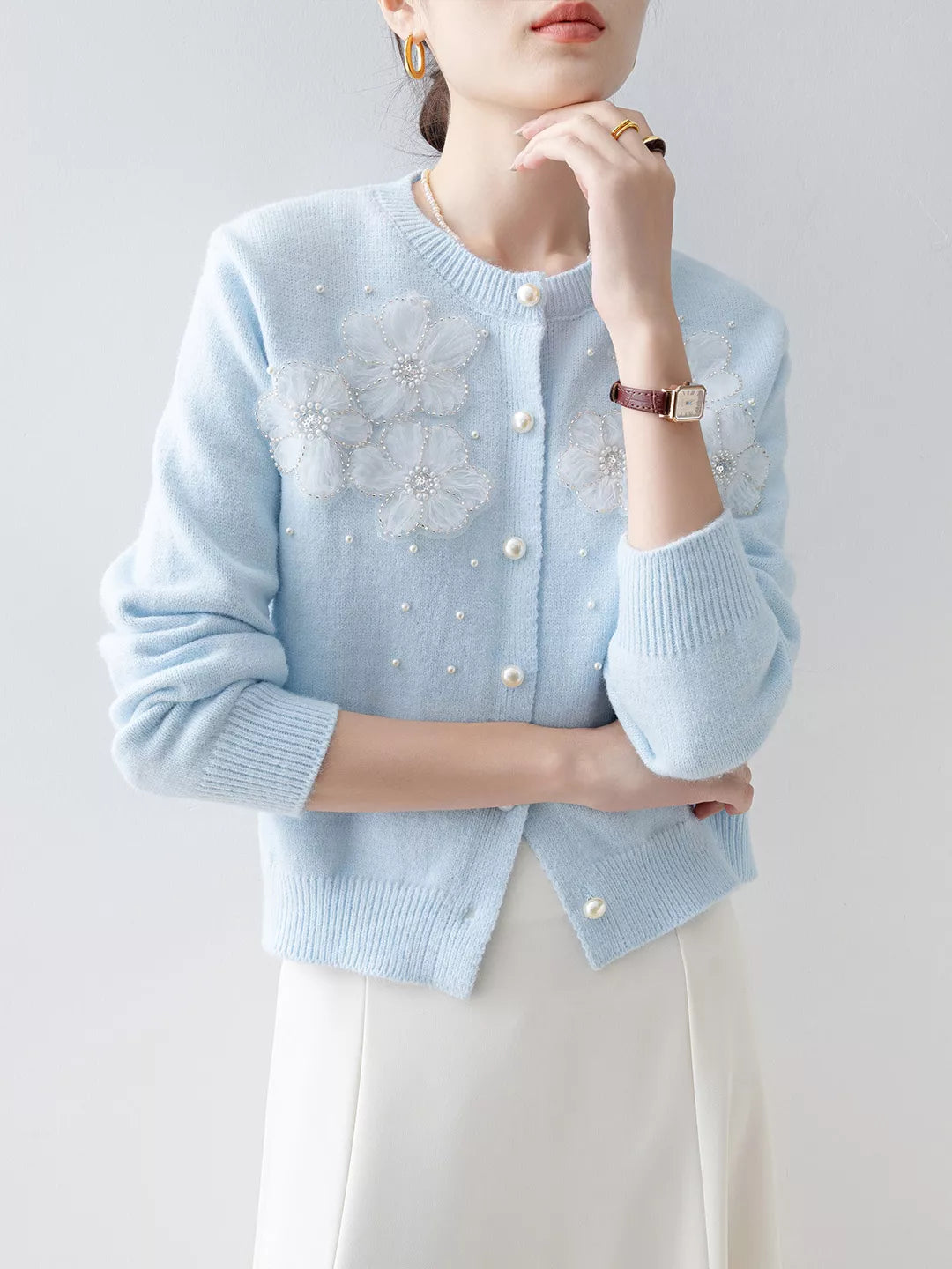 Sky Blue Loose Knit Cardigan for Women with Floral Beaded Design