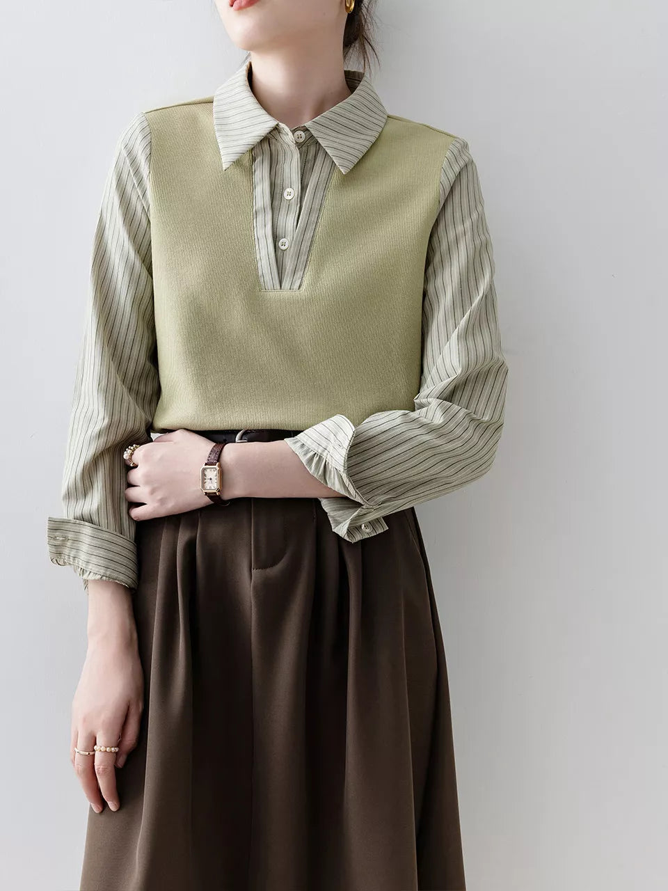Stylish French Style Green Layered-Look Patchwork Shirt for Women