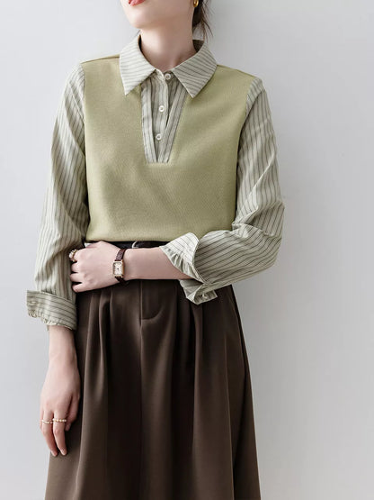 Stilvolles, grünes Patchwork-Hemd im französischen Lagenlook für Damen