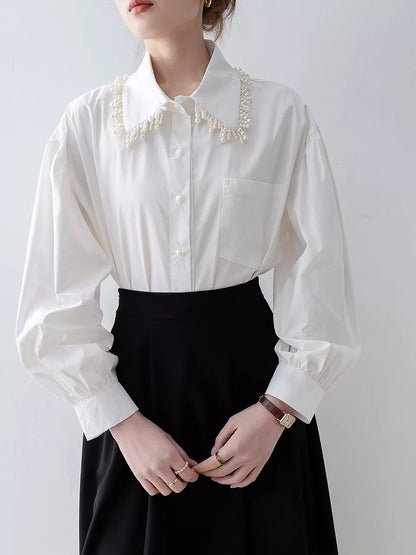 Damen-Poloshirt mit weißem Perlendekor und Laternenärmeln