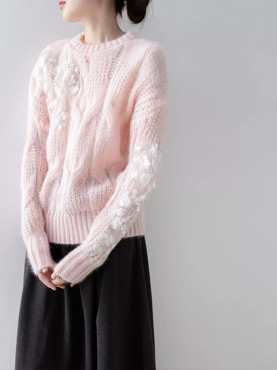 Rosa Pailletten-Mohair-Strickpullover für Damen
