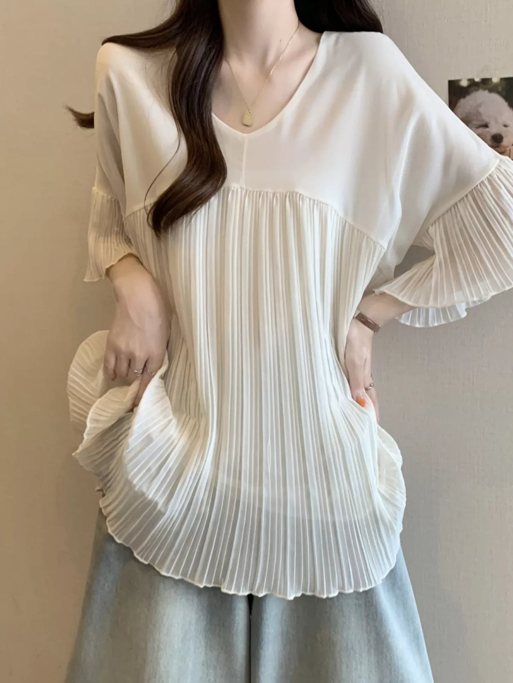 V-Neck Pleated Chiffon Blouse for Women
