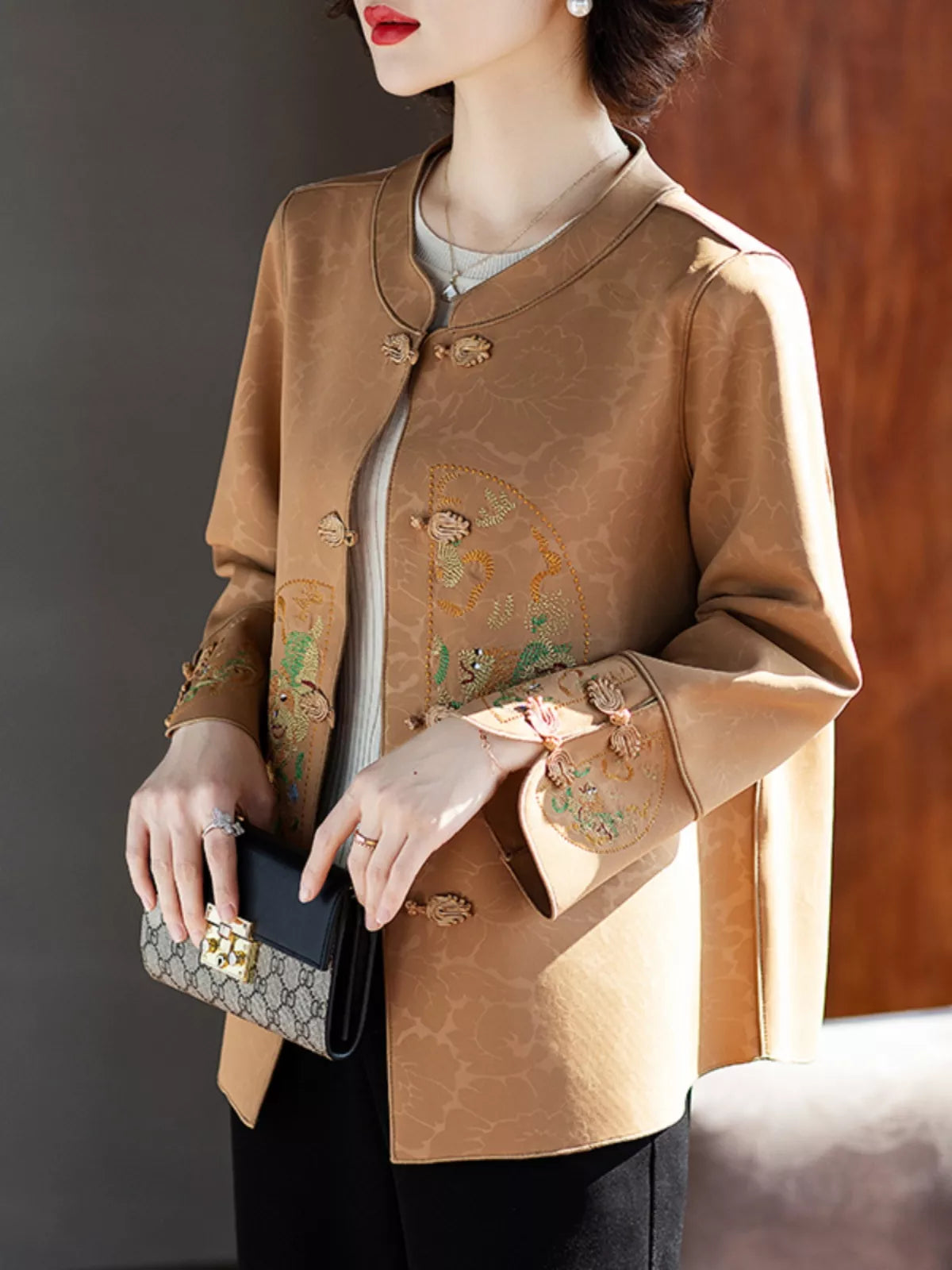 Khaki Loose Stand Collar Printed Jacket for Women