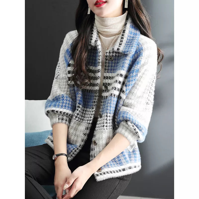 Short Plaid Faux Mink Fur Jacket for Women