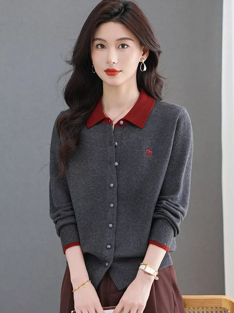 Cárdigan de punto con cuello en bloques de color para mujer