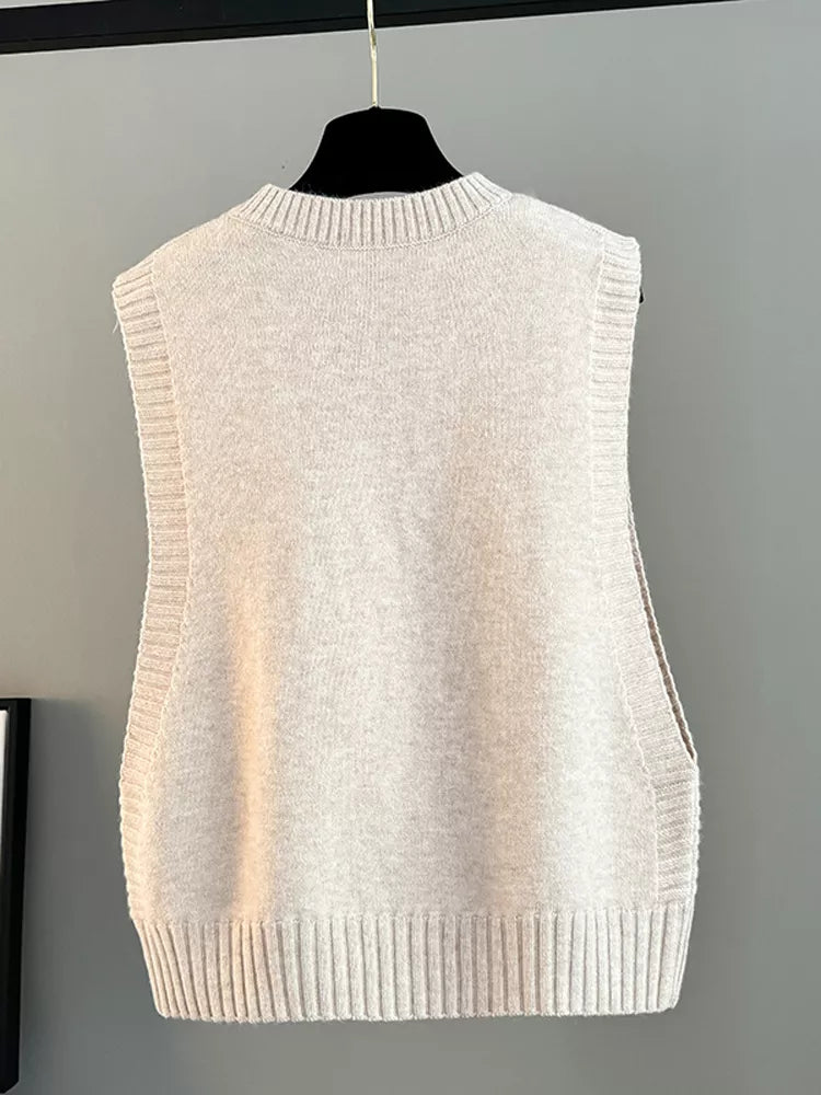Beige Floral Knit Vest for Women