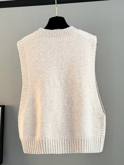 Beige Strickweste mit Blumenmuster für Damen