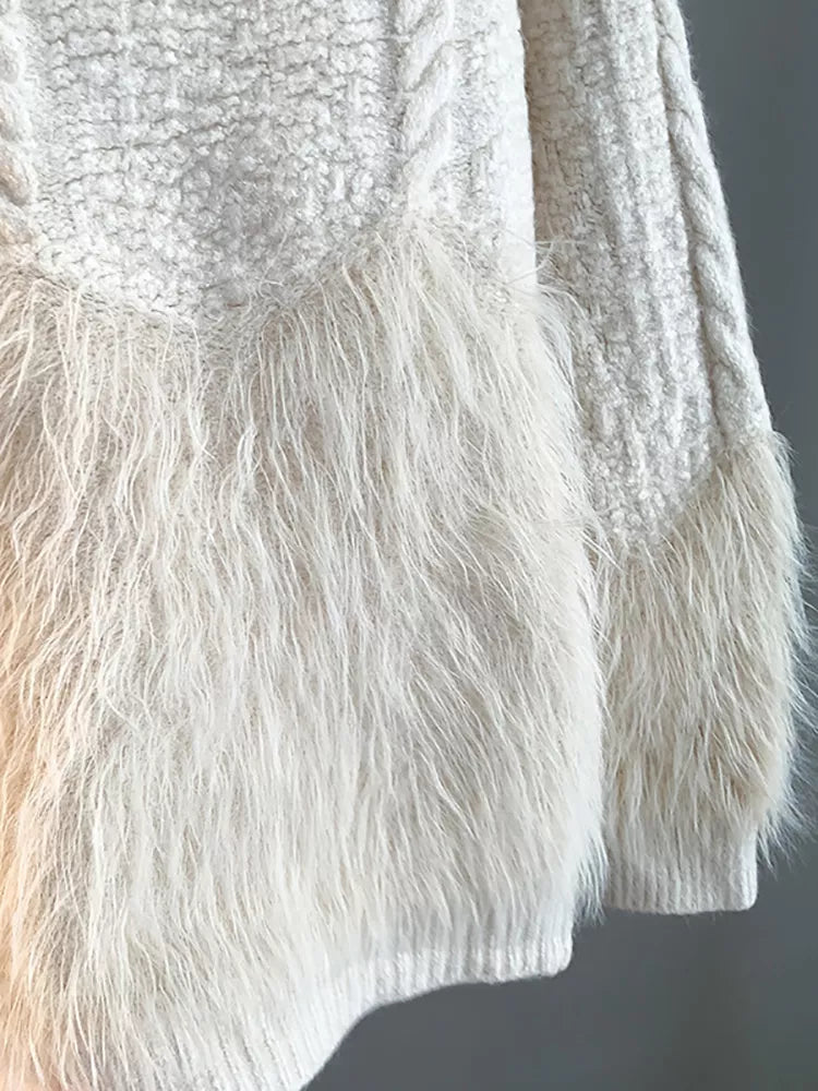 Beige V-neck Knit Cardigan for Women