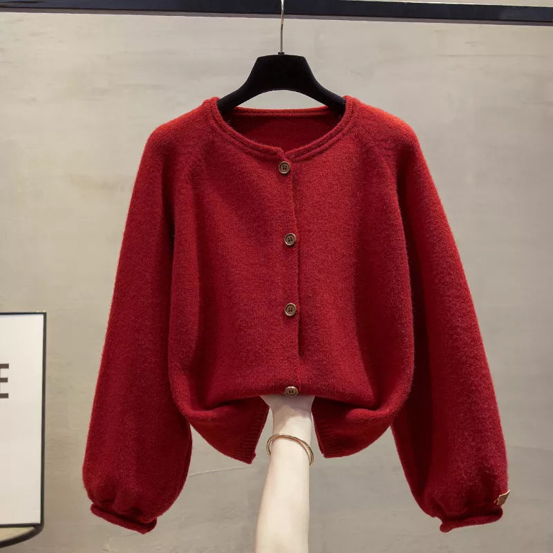 Cárdigan de punto con cuello redondo y botones en color liso para mujer