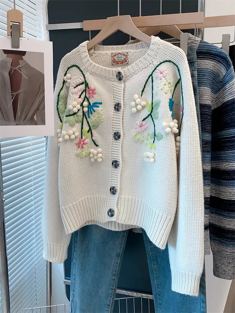 Vintage Hand-Embroidered Thick Knit Cardigan for Women