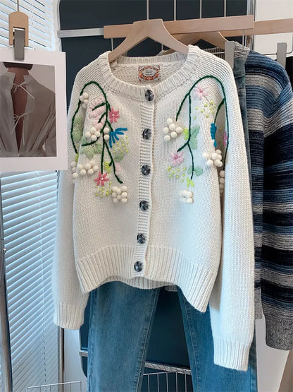 Cárdigan vintage de punto grueso bordado a mano para mujer