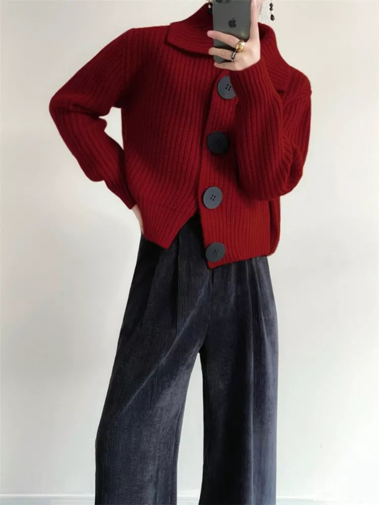 Vintage Red Button-Up Knit Cardigan for Women