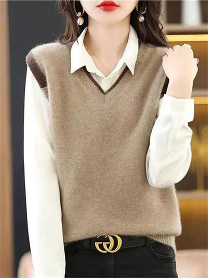 Strickweste mit Farbblock-Design und V-Ausschnitt für Damen