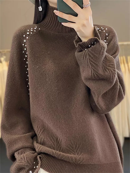 Suéter de punto con cuello alto y adornos para mujer