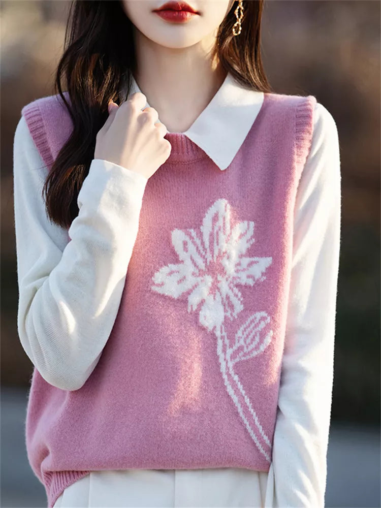 Black Floral Knit Vest for Women