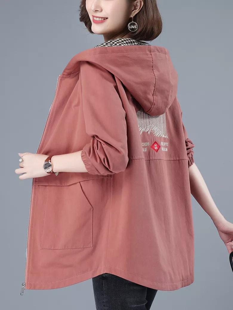 Grüner Baumwoll-Trenchcoat mit Kapuze für Damen