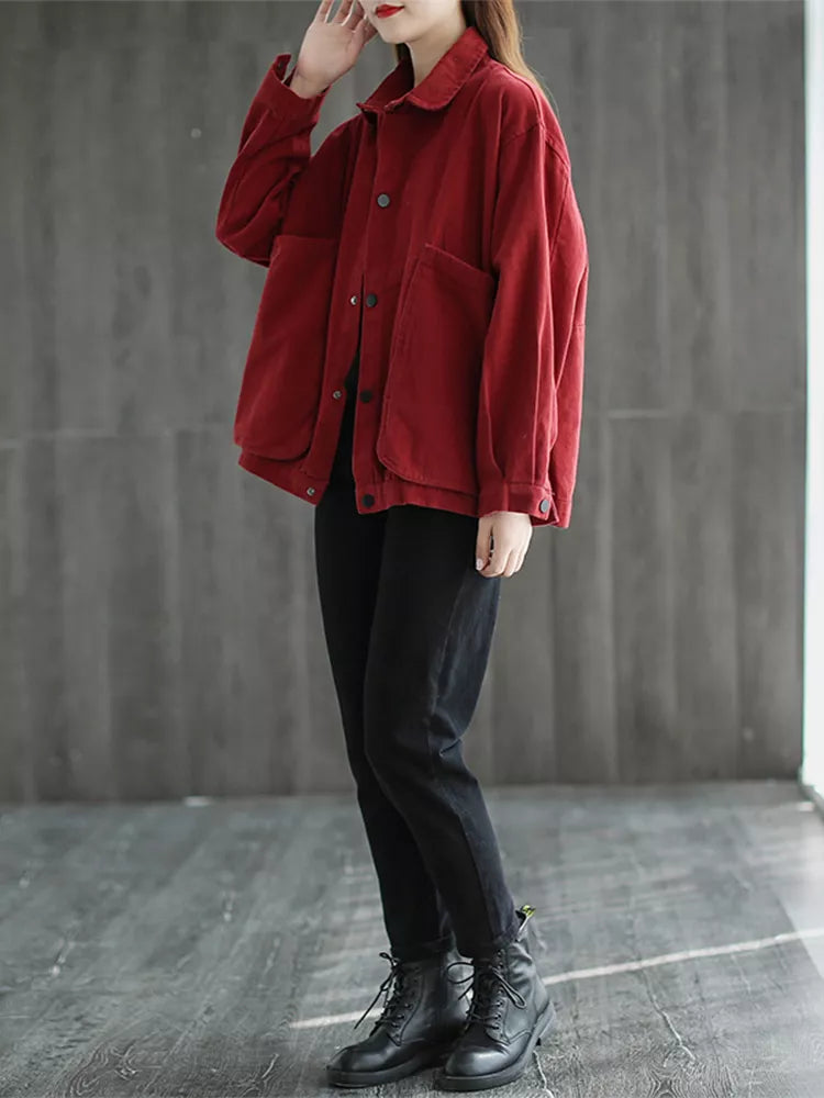 Chaqueta camisera elegante de talla grande con cuello y bolsillos grandes