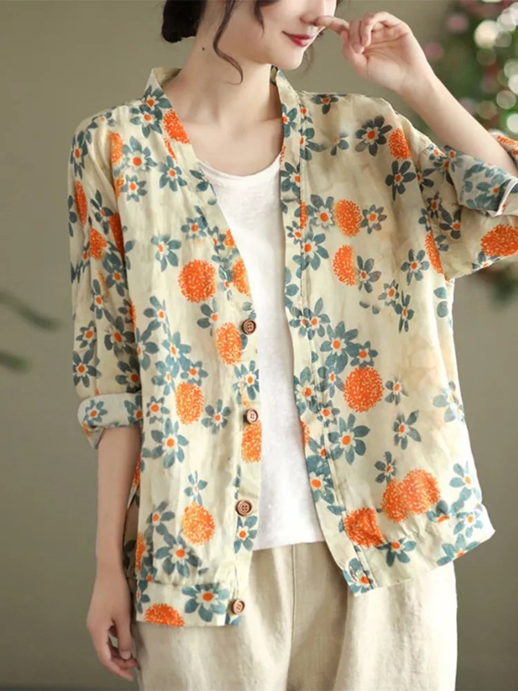 Orangefarbenes, lässiges Vintage-Leinenhemd für Damen mit Print 
