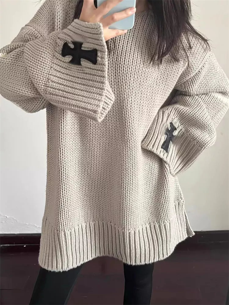 Korean Style Vintage Cross Long Sleeve Sweater for Women