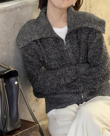 Cárdigan de punto grueso con doble cremallera y cuello vuelto para mujer 