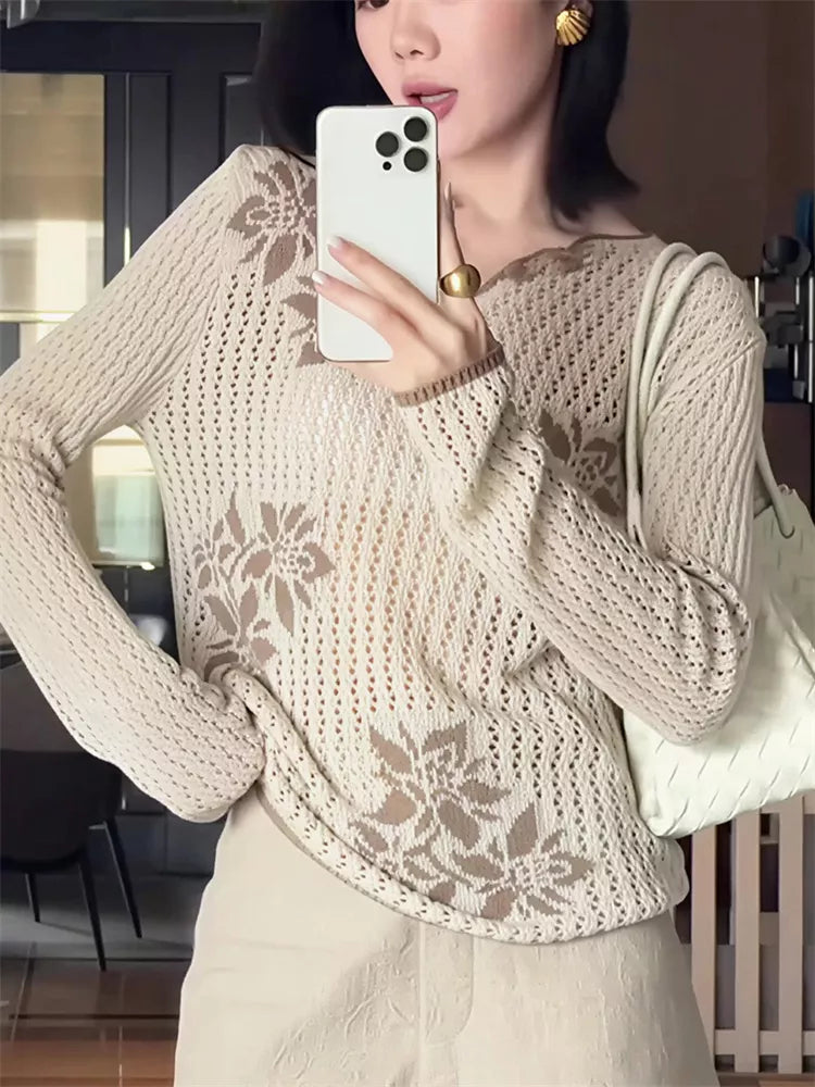 Bedrucktes, farblich abgesetztes Langarm-Strickoberteil für Damen