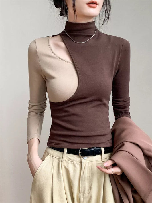 Half-Turtleneck Spliced Hollow Long Sleeve Slim Fit Top for Women