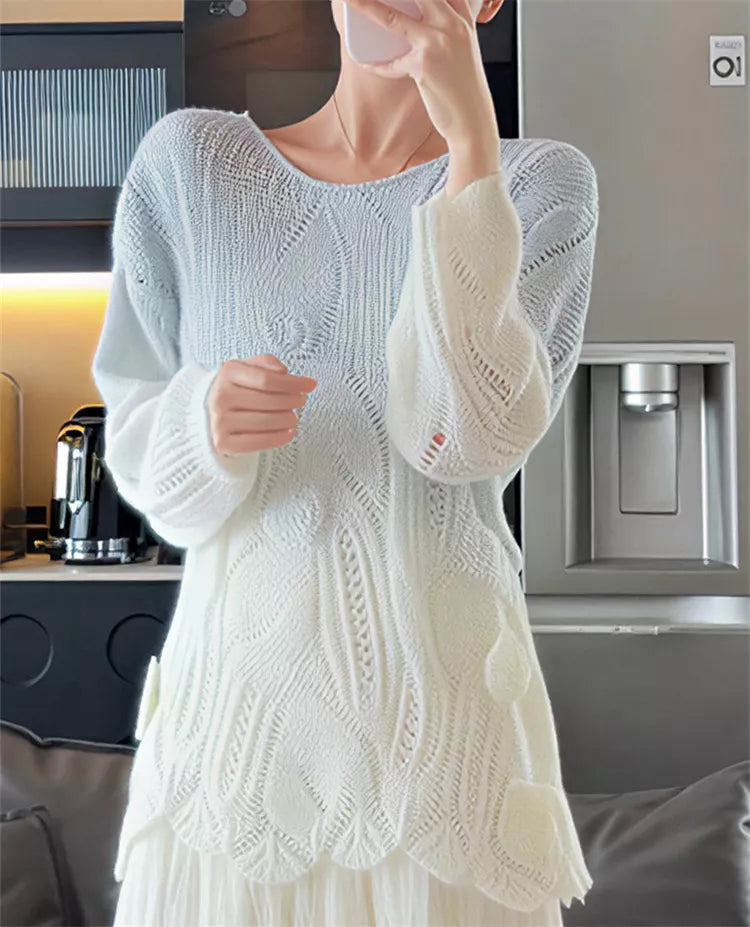 Suéter de punto hueco con degradado azul y blanco para mujer, diseño floral 3D elegante