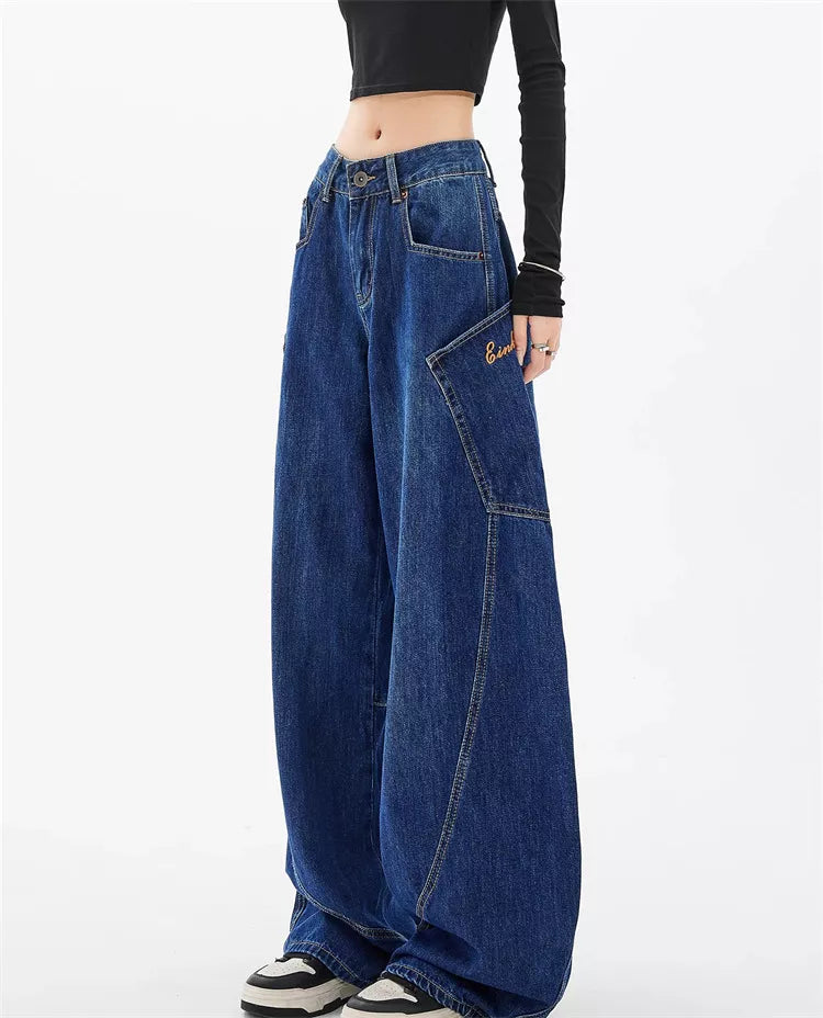 Pantalones cargo de mezclilla con bolsillos curvos estilo americano para mujer