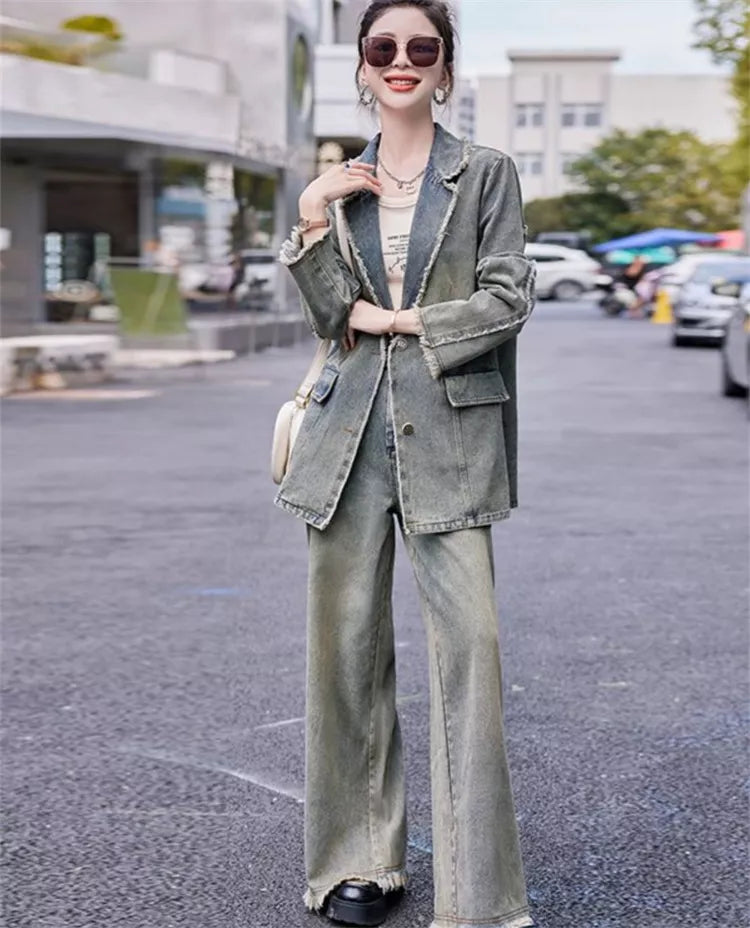 Vintage Denim Blazer and Wide-Leg Pants Set for Women