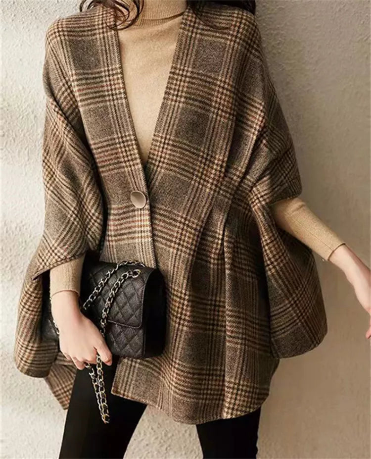 Vintage V-Ausschnitt Karo-Cape-Strickjacke für Damen