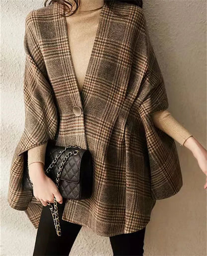 Cárdigan vintage de punto con cuello en V y cuadros para mujer