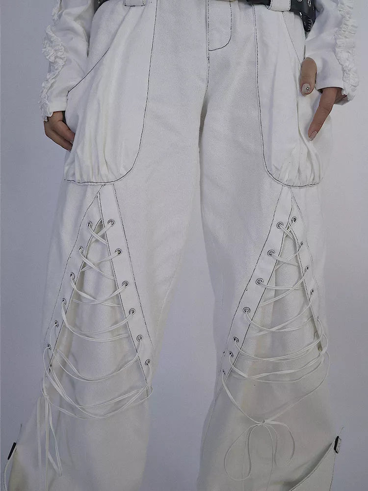 Pantalones vaqueros blancos góticos con cintura doble y lazo para mujer