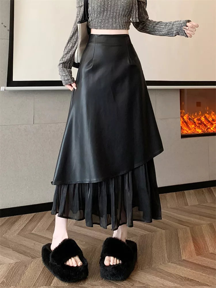 Elegant Brown PU Patchwork A-Line Mermaid Skirt for Women