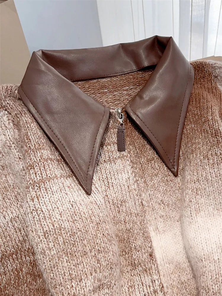 Vintage Cropped PU Leather Patchwork Zip-Up Striped Knit Cardigan for Women