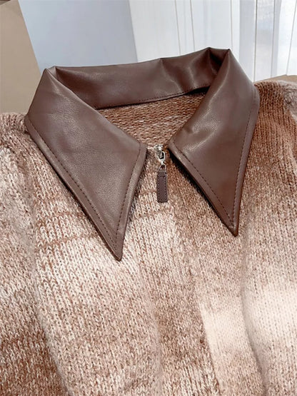 Vintage Cropped PU Leather Patchwork Zip-Up Striped Knit Cardigan for Women