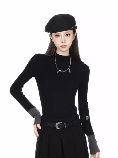Vintage Black Mock Neck Patchwork Knit Sweater for Women