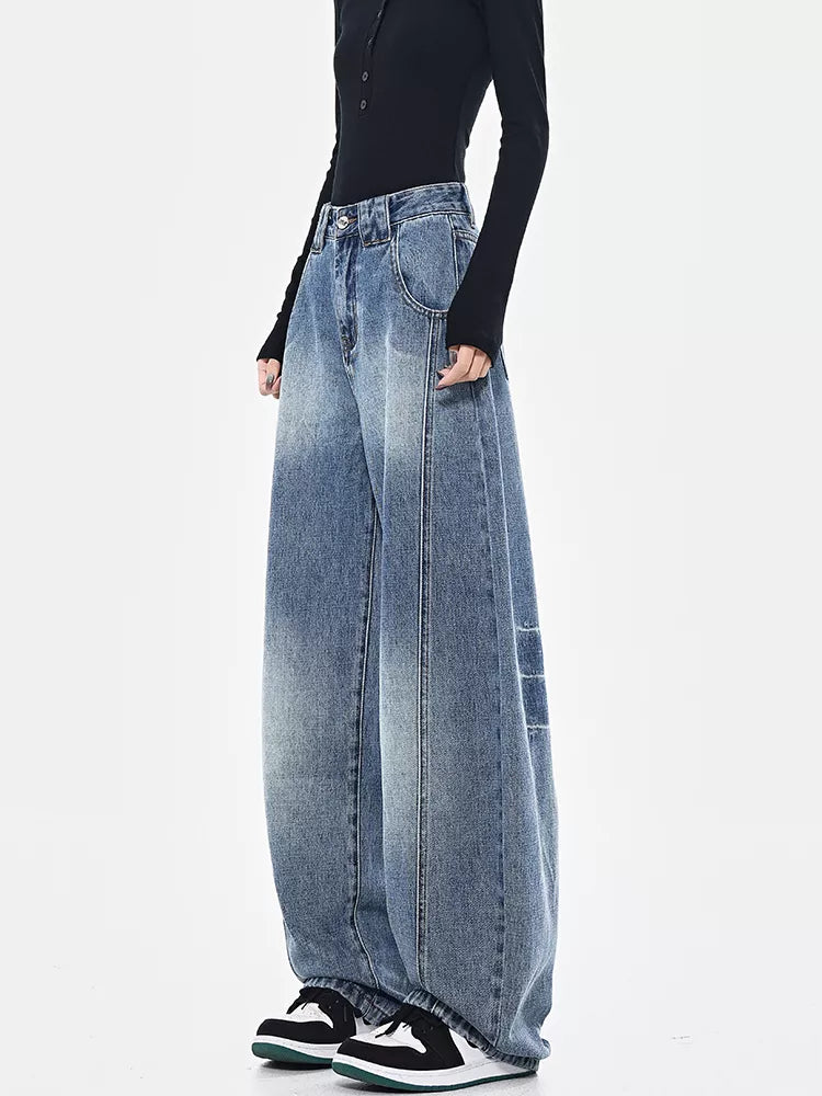 Vintage Deconstructed Curved Denim Wide-Leg Jeans for Women