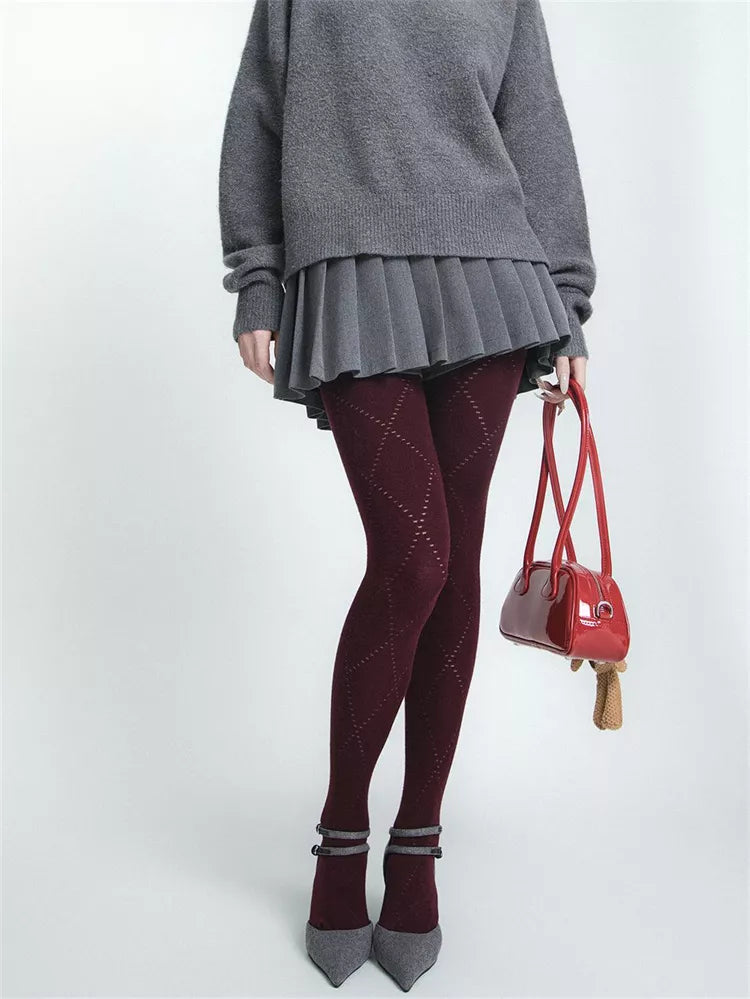 Medias ajustadas y cálidas de mezcla de algodón con huecos de diamante rojo para otoño e invierno para mujer