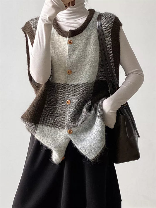 Vintage Plaid Button-Up Knit Vest for Women