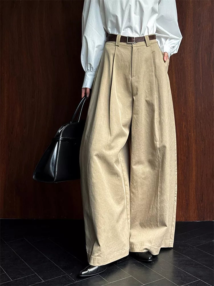 Pantalones casuales anchos de tencel plisados ​​para mujer