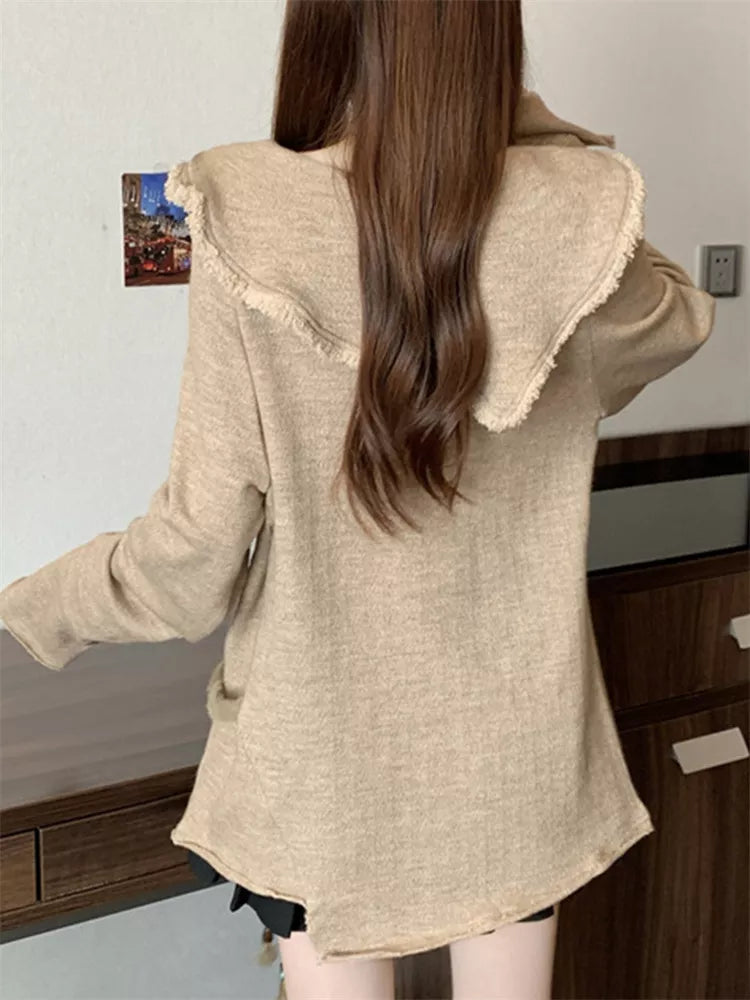 Suéter de punto con flecos y solapa retro vintage para mujer