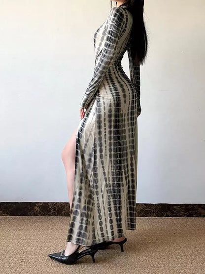 Bedrucktes Damen-Midikleid mit langen Ärmeln und Seitenschlitz