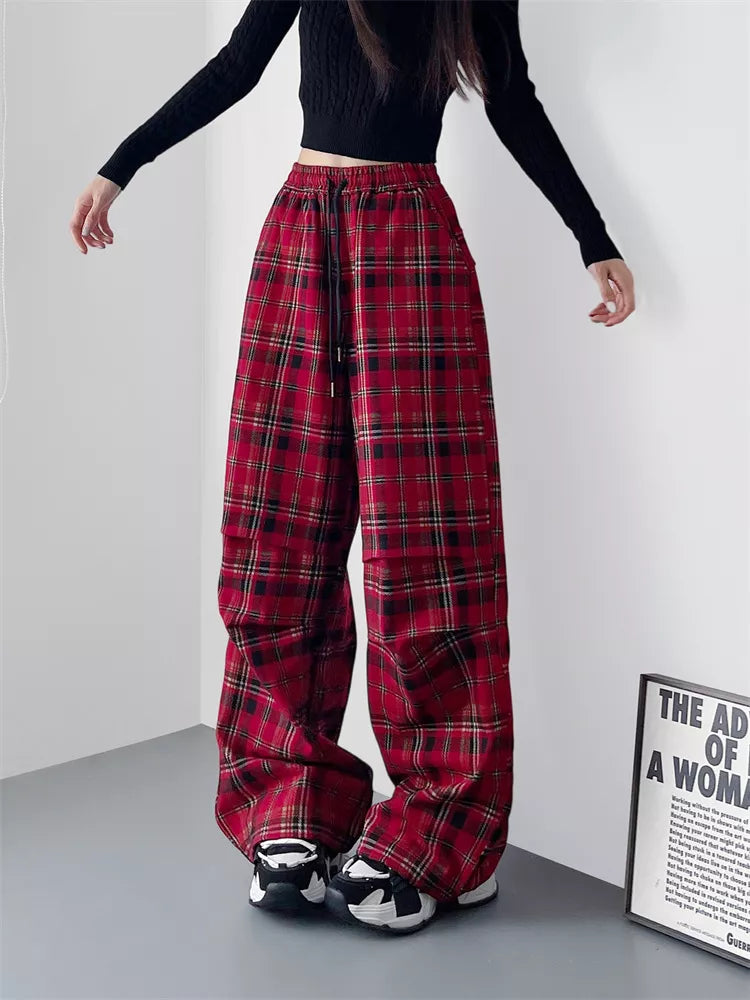 Pantalones anchos a cuadros con cintura alta y elegantes tallas grandes para mujer